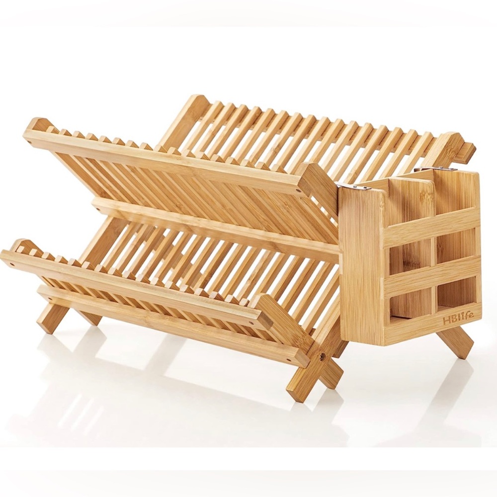 HBlife Dish Rack, Bamboo Folding 2-Tier Collapsible Drainer Dish Drying Rack